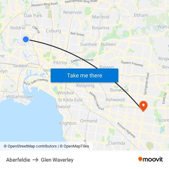 Aberfeldie to Glen Waverley map