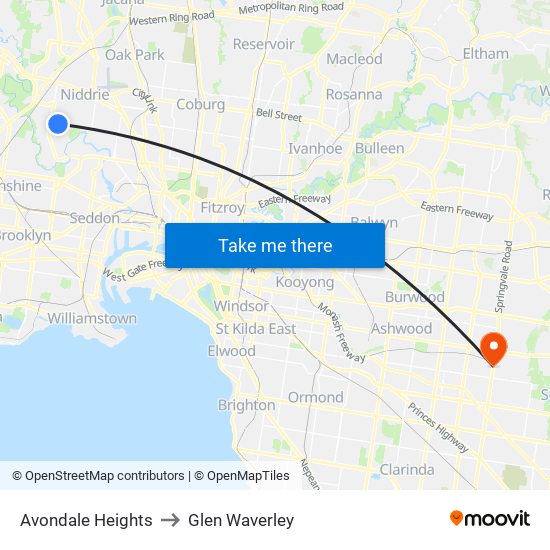 Avondale Heights to Glen Waverley map