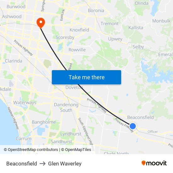 Beaconsfield to Glen Waverley map