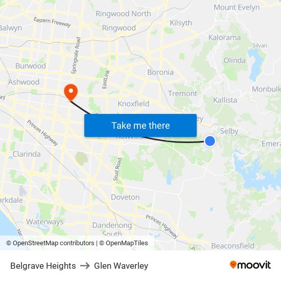 Belgrave Heights to Glen Waverley map