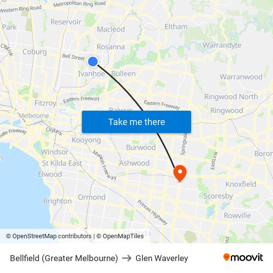 Bellfield (Greater Melbourne) to Glen Waverley map
