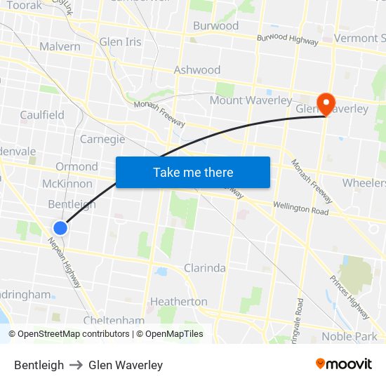 Bentleigh to Glen Waverley map