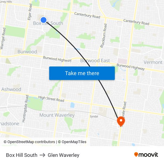 Box Hill South to Glen Waverley map