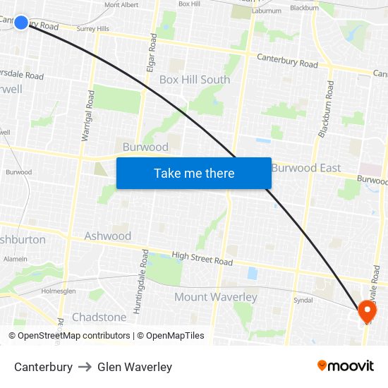 Canterbury to Glen Waverley map