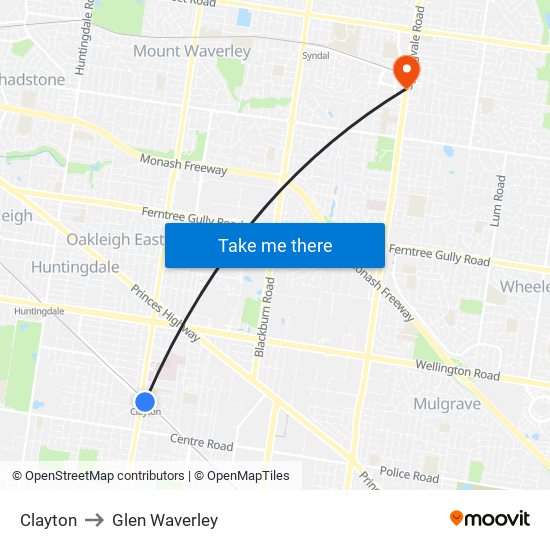 Clayton to Glen Waverley map