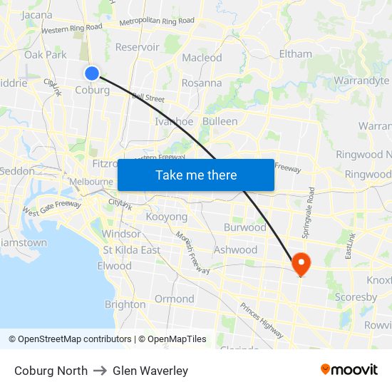 Coburg North to Glen Waverley map