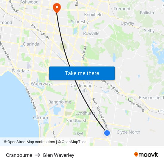 Cranbourne to Glen Waverley map