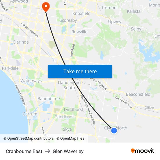 Cranbourne East to Glen Waverley map