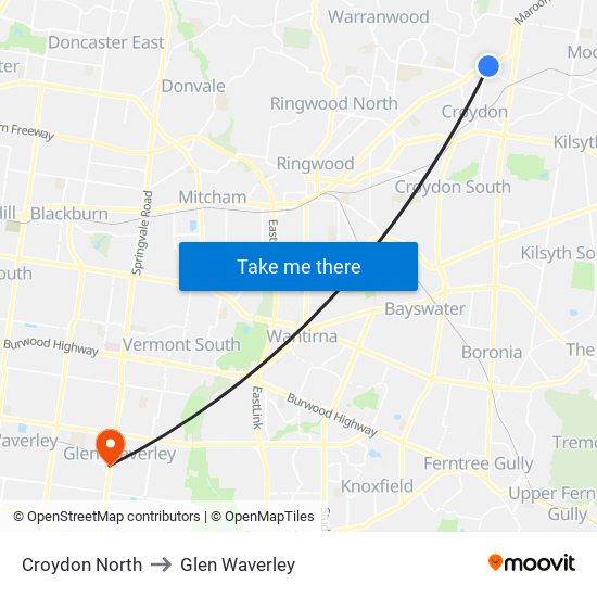 Croydon North to Glen Waverley map