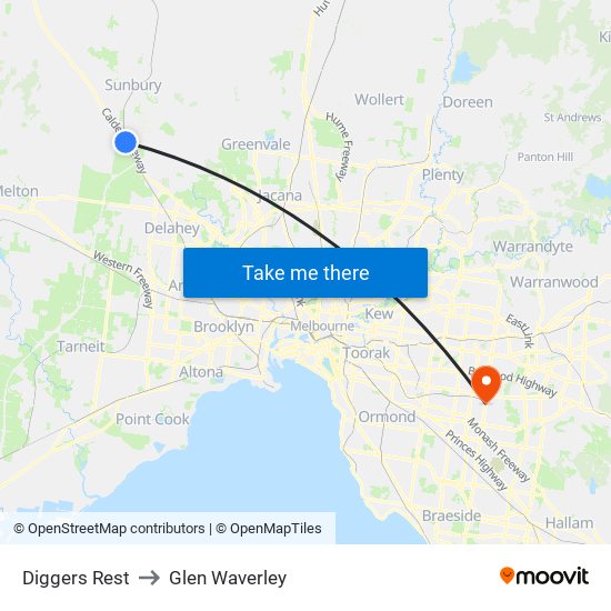 Diggers Rest to Glen Waverley map