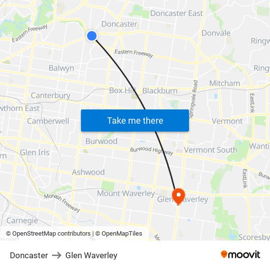 Doncaster to Glen Waverley map