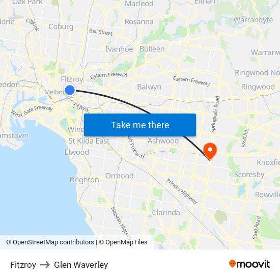 Fitzroy to Glen Waverley map