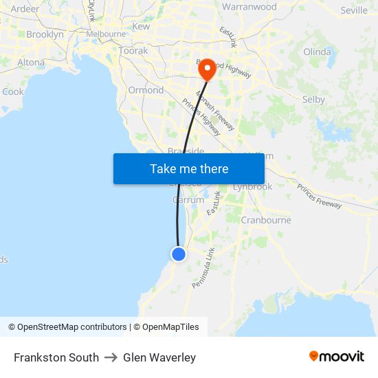 Frankston South to Glen Waverley map