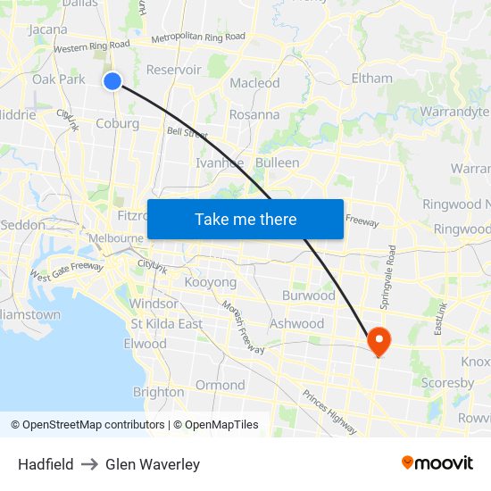 Hadfield to Glen Waverley map