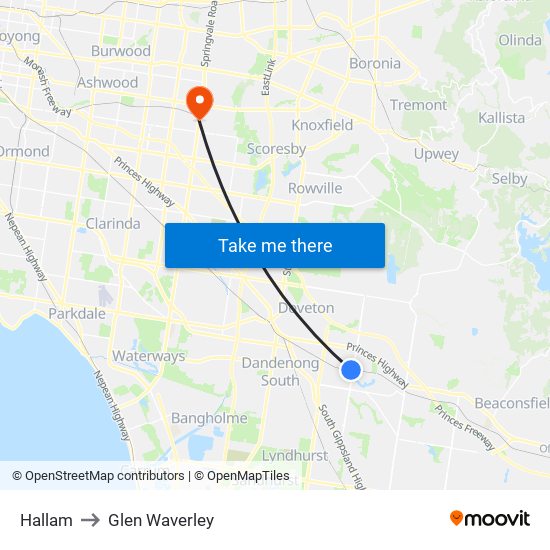 Hallam to Glen Waverley map