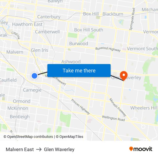 Malvern East to Glen Waverley map