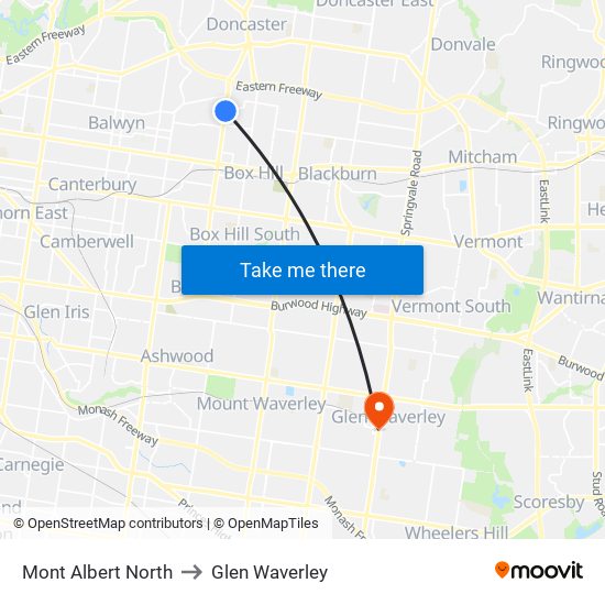 Mont Albert North to Glen Waverley map