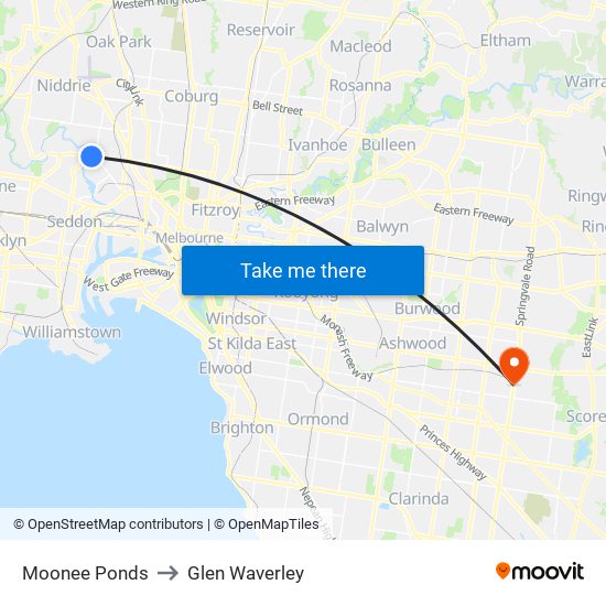 Moonee Ponds to Glen Waverley map