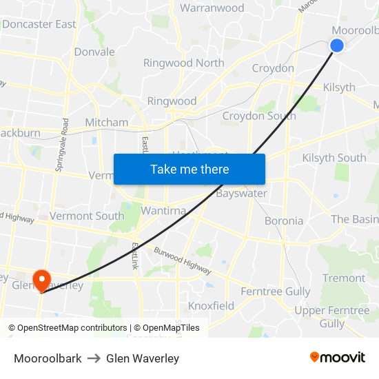 Mooroolbark to Glen Waverley map