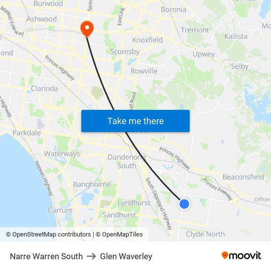 Narre Warren South to Glen Waverley map