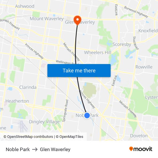 Noble Park to Glen Waverley map