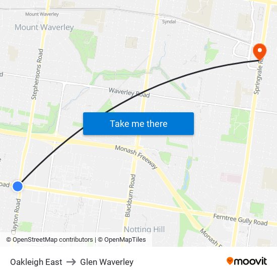 Oakleigh East to Glen Waverley map