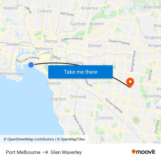 Port Melbourne to Glen Waverley map