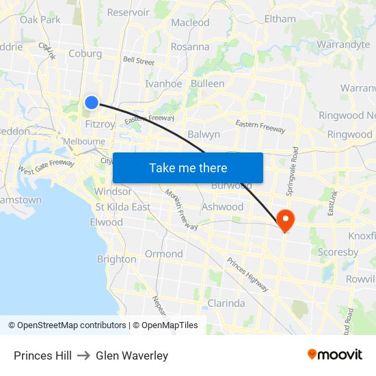 Princes Hill to Glen Waverley map