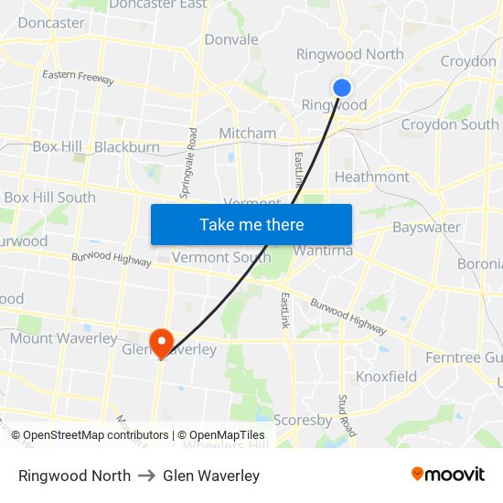 Ringwood North to Glen Waverley map