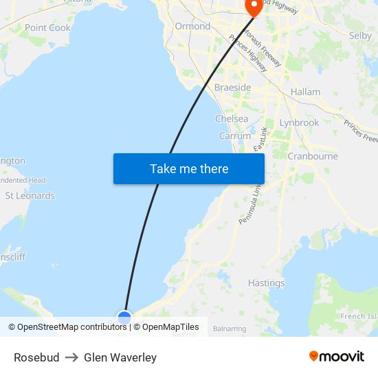 Rosebud to Glen Waverley map