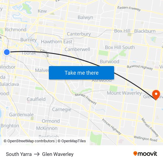 South Yarra to Glen Waverley map