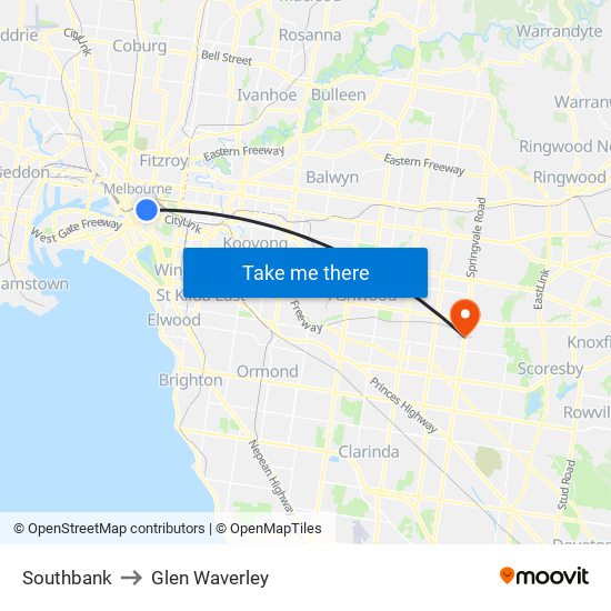 Southbank to Glen Waverley map