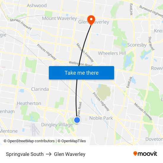 Springvale South to Glen Waverley map