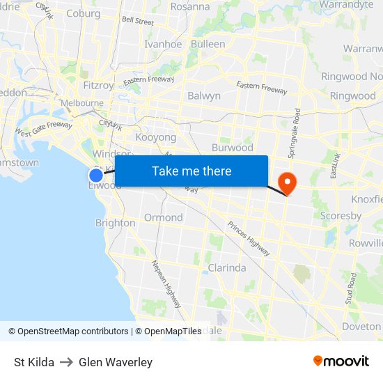 St Kilda to Glen Waverley map