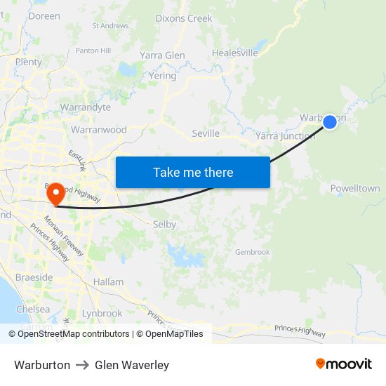 Warburton to Glen Waverley map