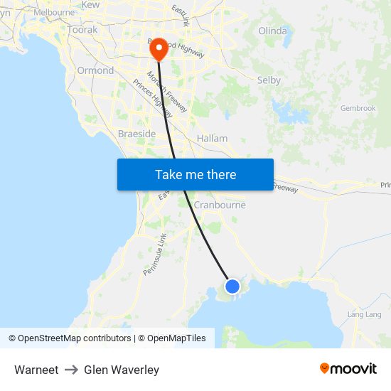 Warneet to Glen Waverley map