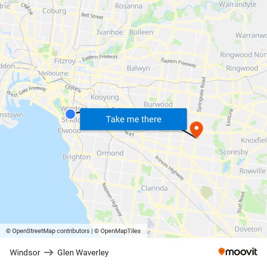 Windsor to Glen Waverley map