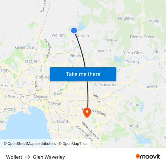 Wollert to Glen Waverley map