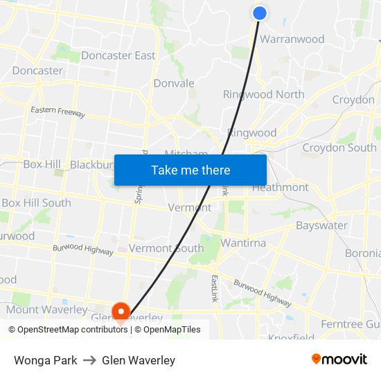 Wonga Park to Glen Waverley map