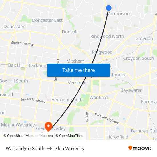 Warrandyte South to Glen Waverley map