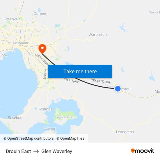 Drouin East to Glen Waverley map