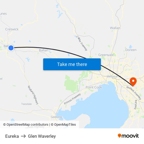 Eureka to Glen Waverley map