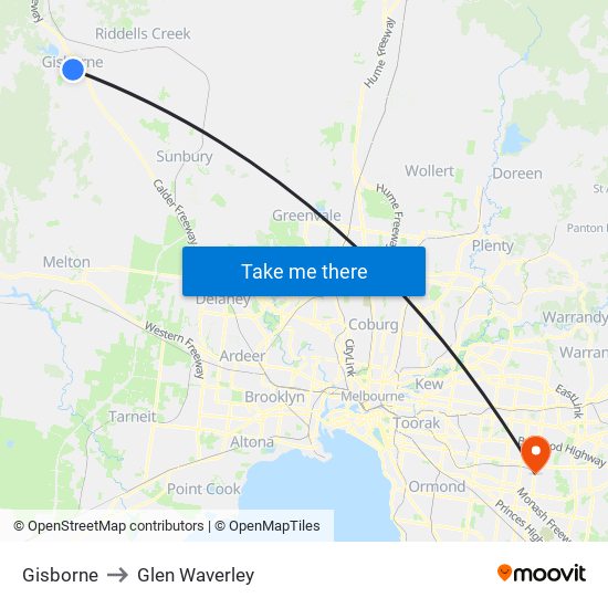 Gisborne to Glen Waverley map