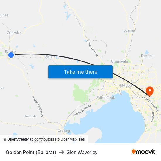 Golden Point (Ballarat) to Glen Waverley map