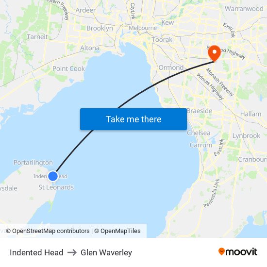 Indented Head to Glen Waverley map