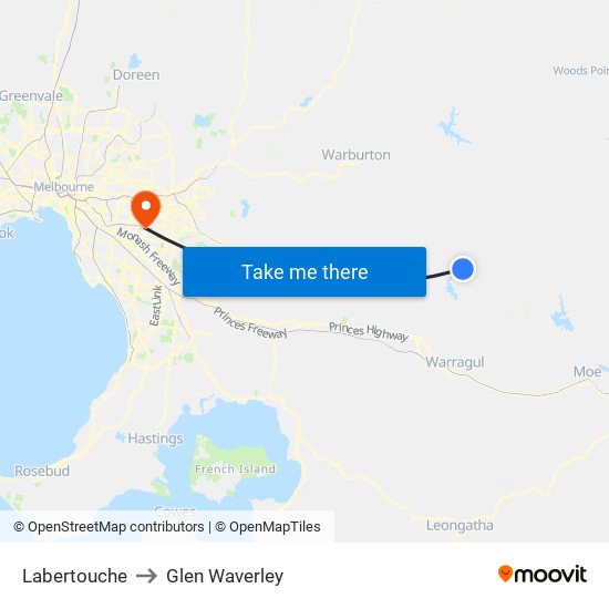 Labertouche to Glen Waverley map