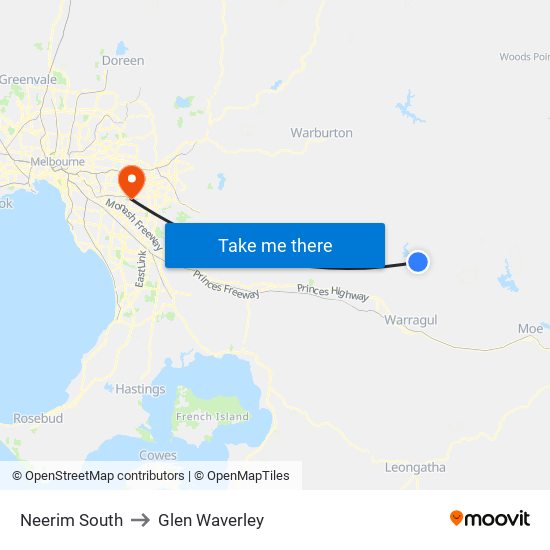 Neerim South to Glen Waverley map