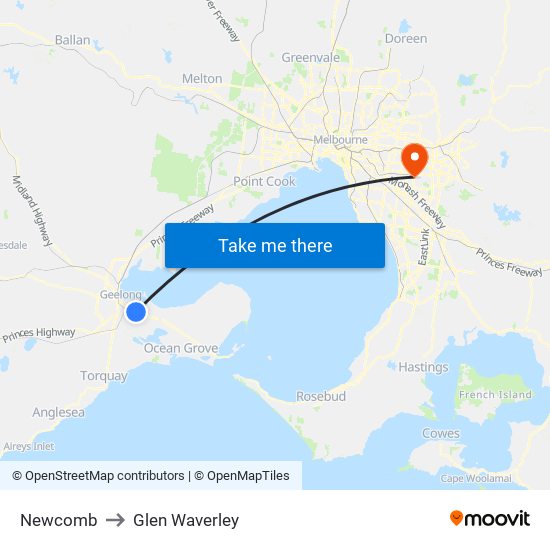 Newcomb to Glen Waverley map