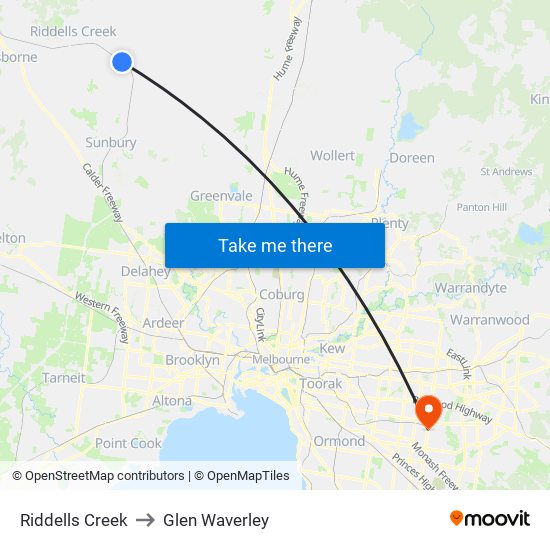 Riddells Creek to Glen Waverley map