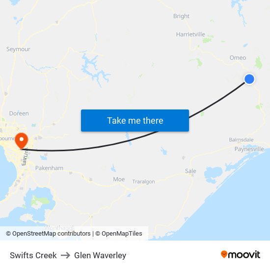 Swifts Creek to Glen Waverley map